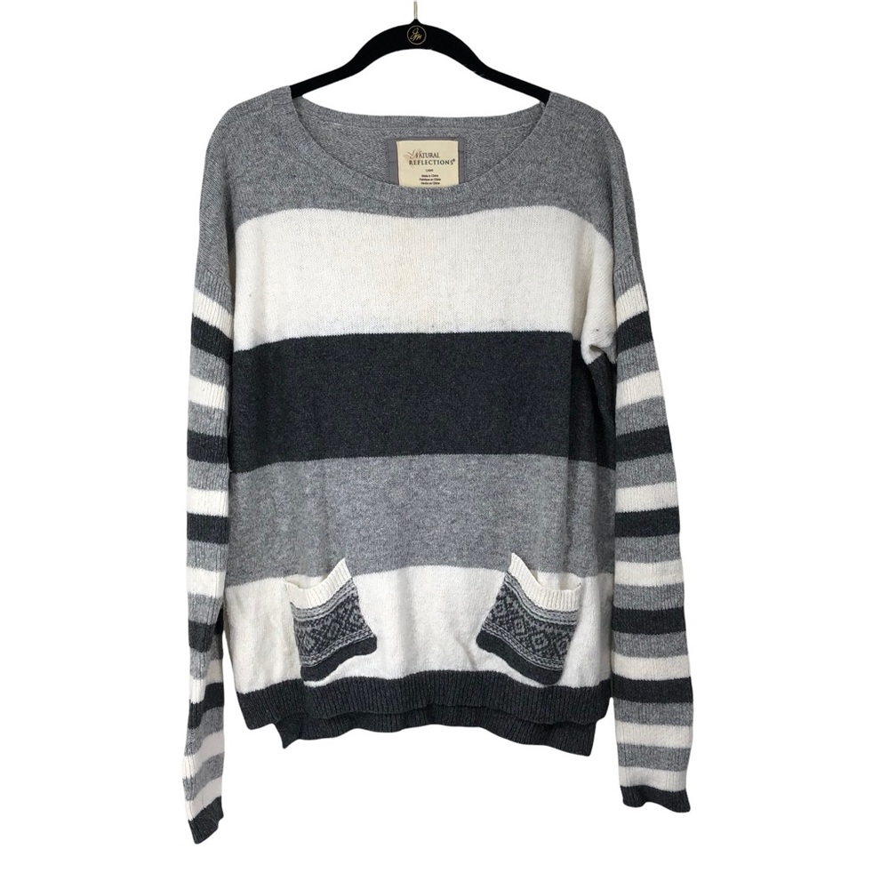 Natural Reflections Wool Blend Sweater SZ L Soft, Colorblock Stripes Greys Ivory